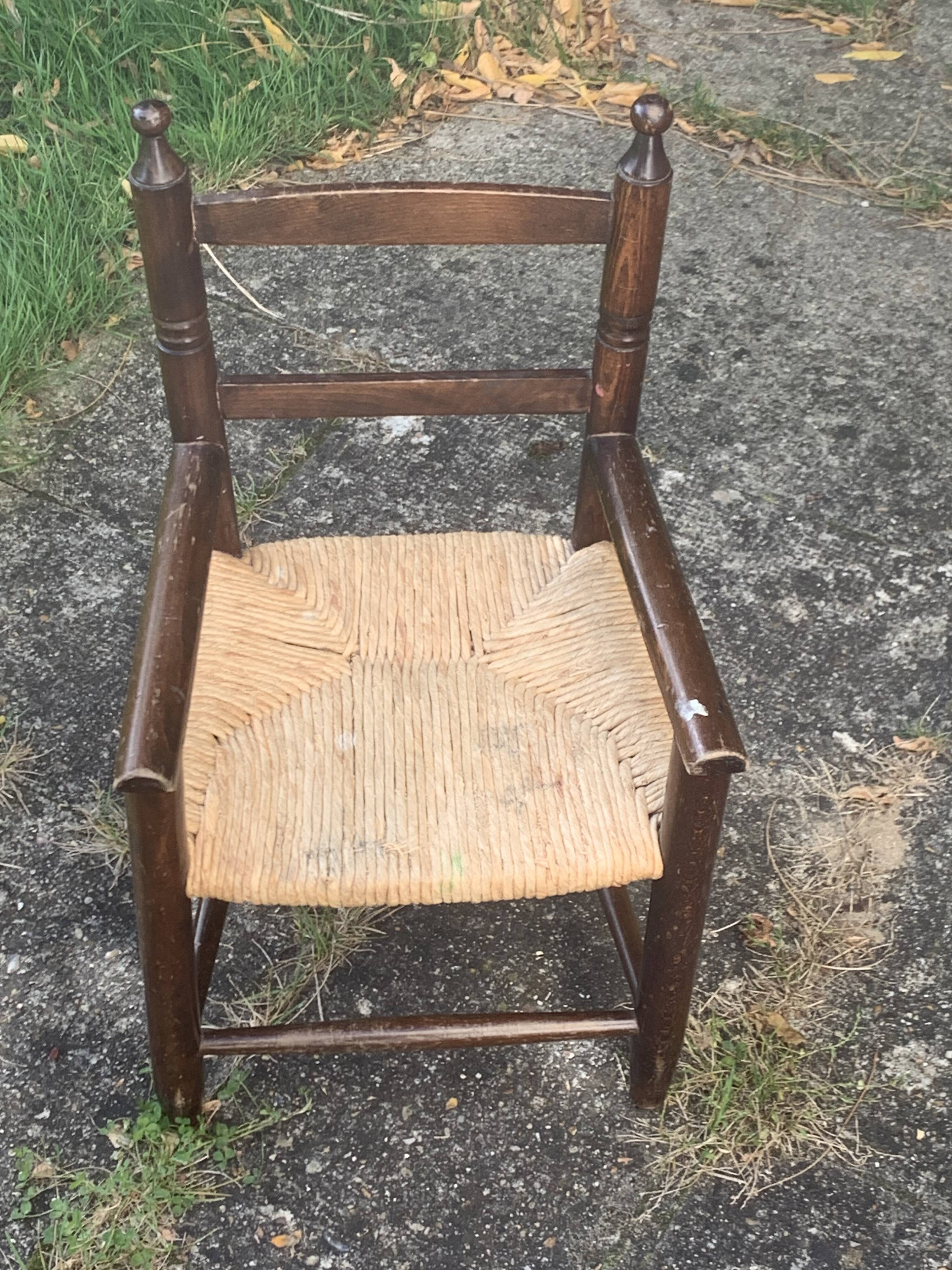 Small vintage wooden and straw children's chair