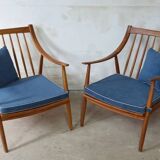 Paire de fauteuils cosy en teck avec coussins