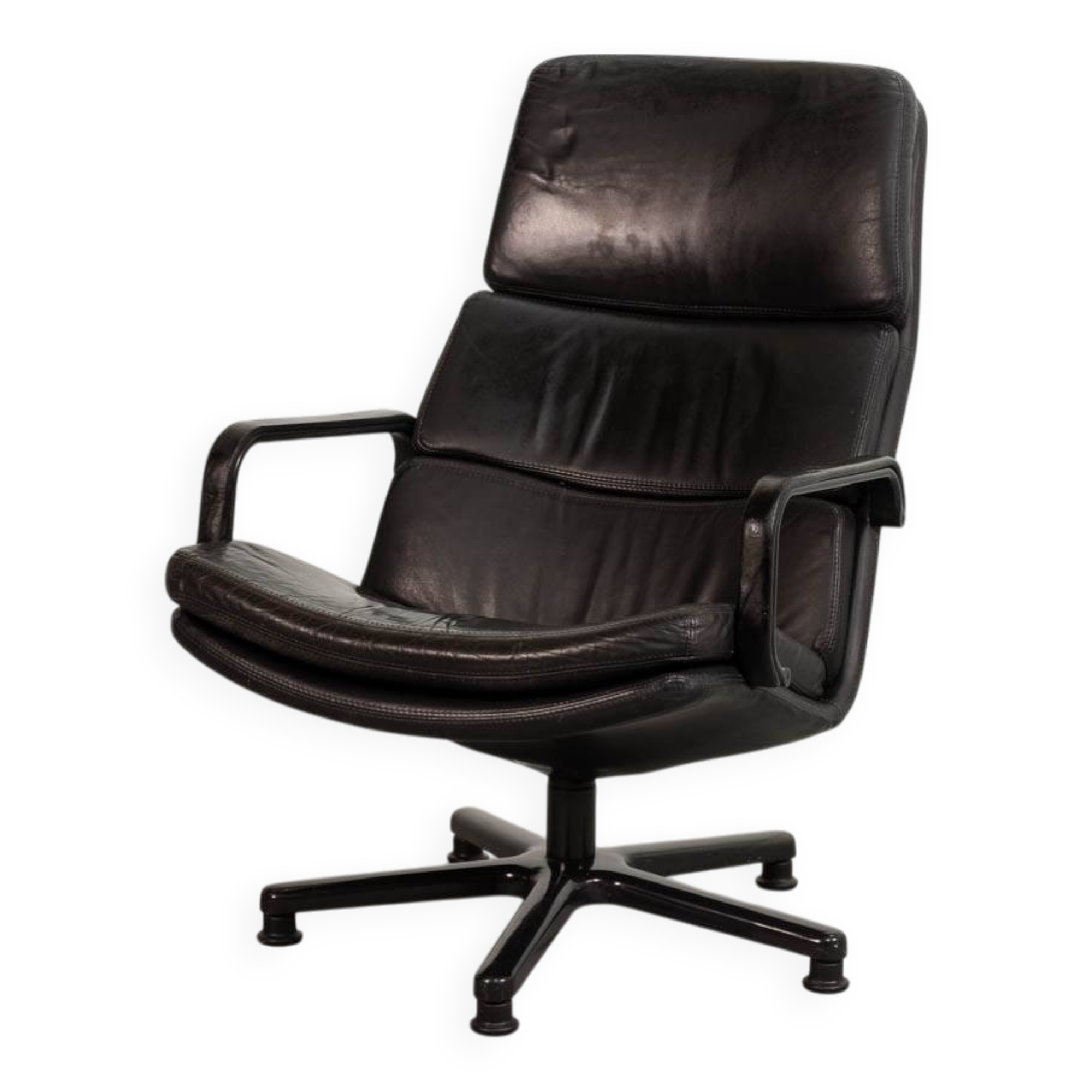 Artifort Dutch Design Black Leather Swivel Lounge Chair, F-Serie, 1960s