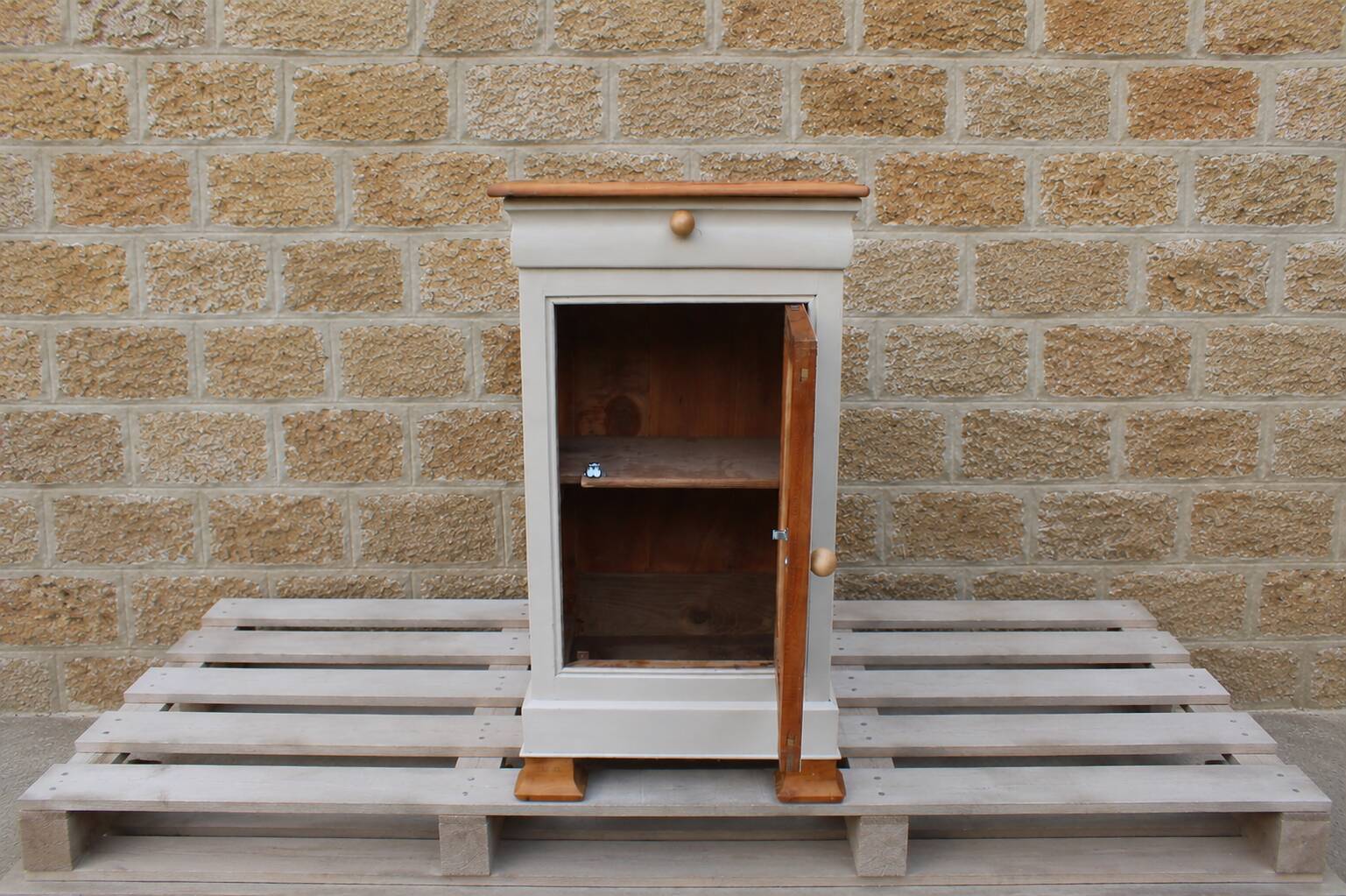Renovated antique bedside table – Greige Galuchat, wooden top – houseboat style