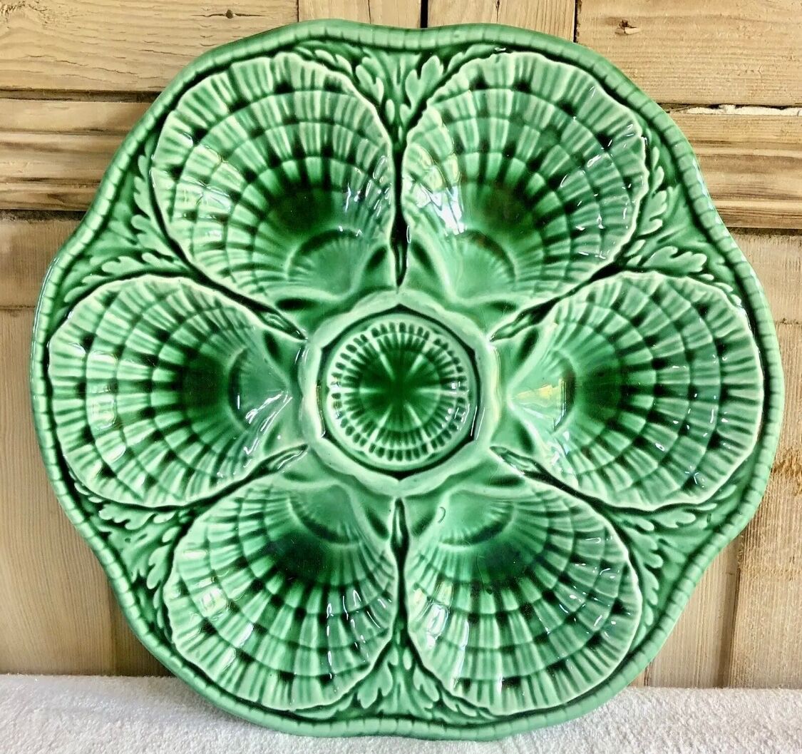 7 old oyster plates Sarreguemines green slurry