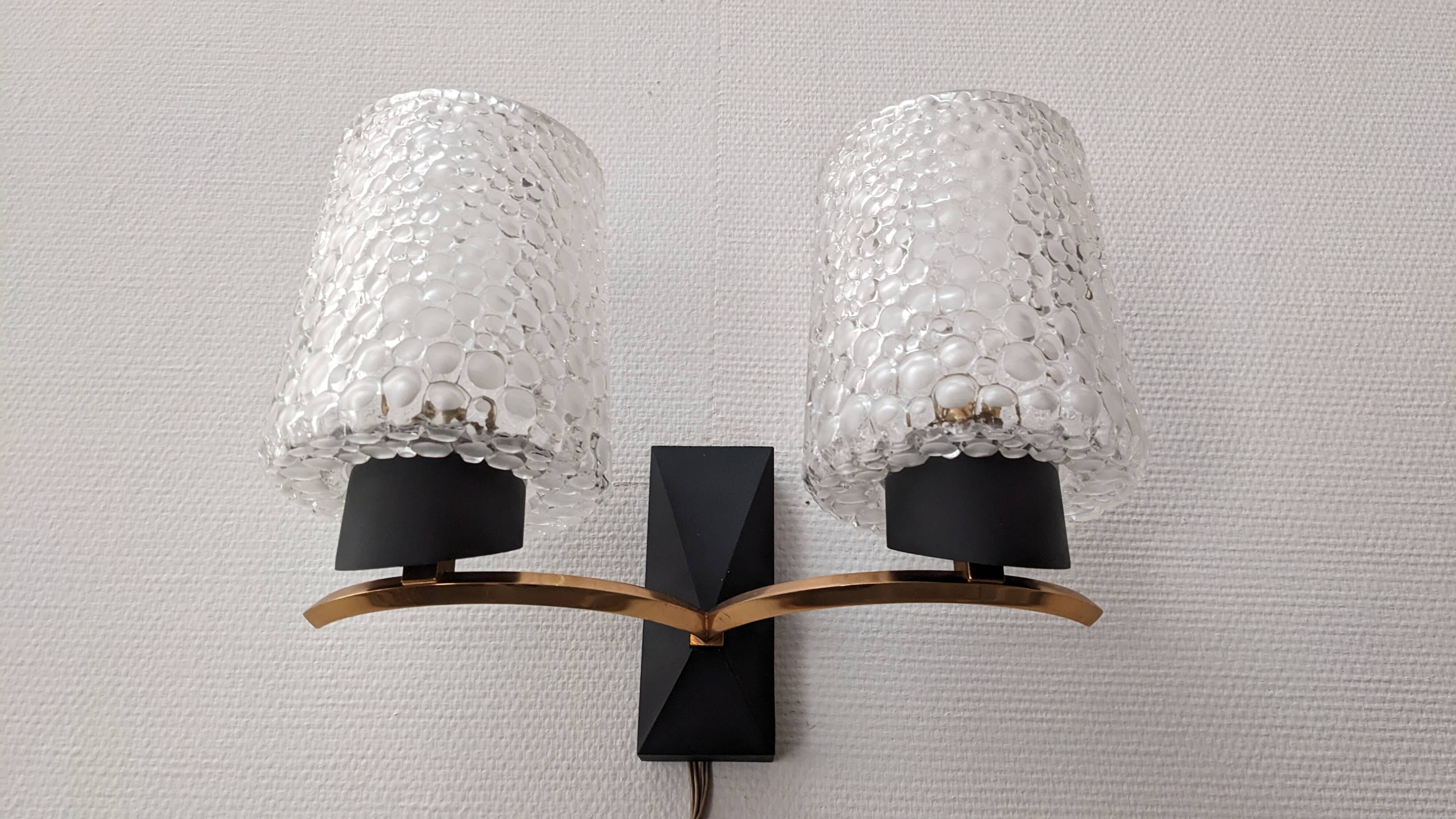 Pair of double wall lights in bubbled glass by Maison Arlus, France circa 1960.