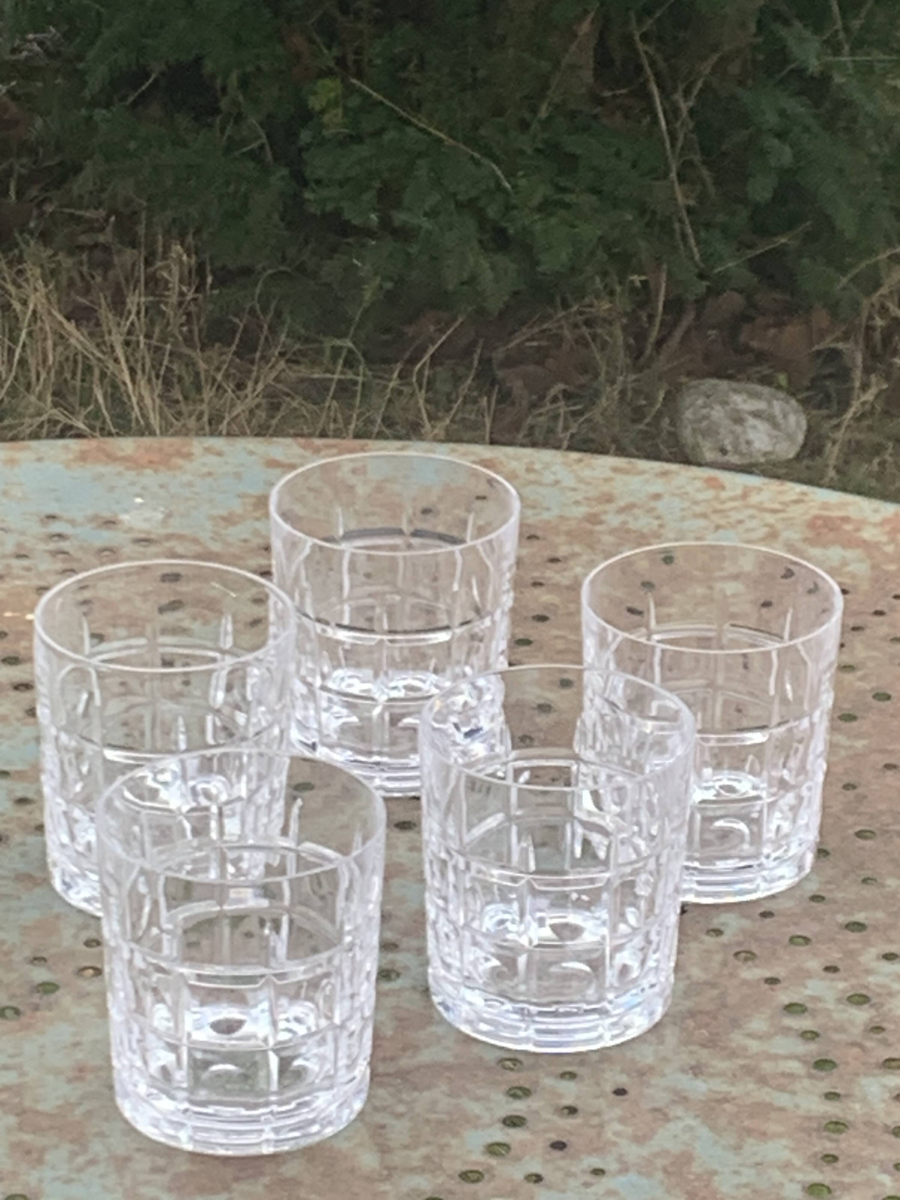 5 whisky glasses, Cristal Bayel stamps, transparent crystal with patterns