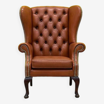 Fauteuil Chesterfield en cuir marron clair vintage