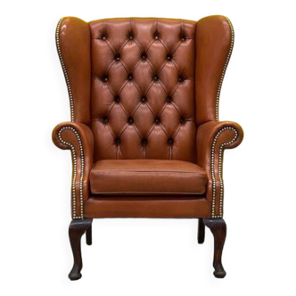 Fauteuil Chesterfield en cuir marron clair vintage