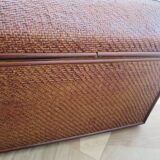 Vintage storage chest - curved - woven rattan - 1970s - mahogany colour