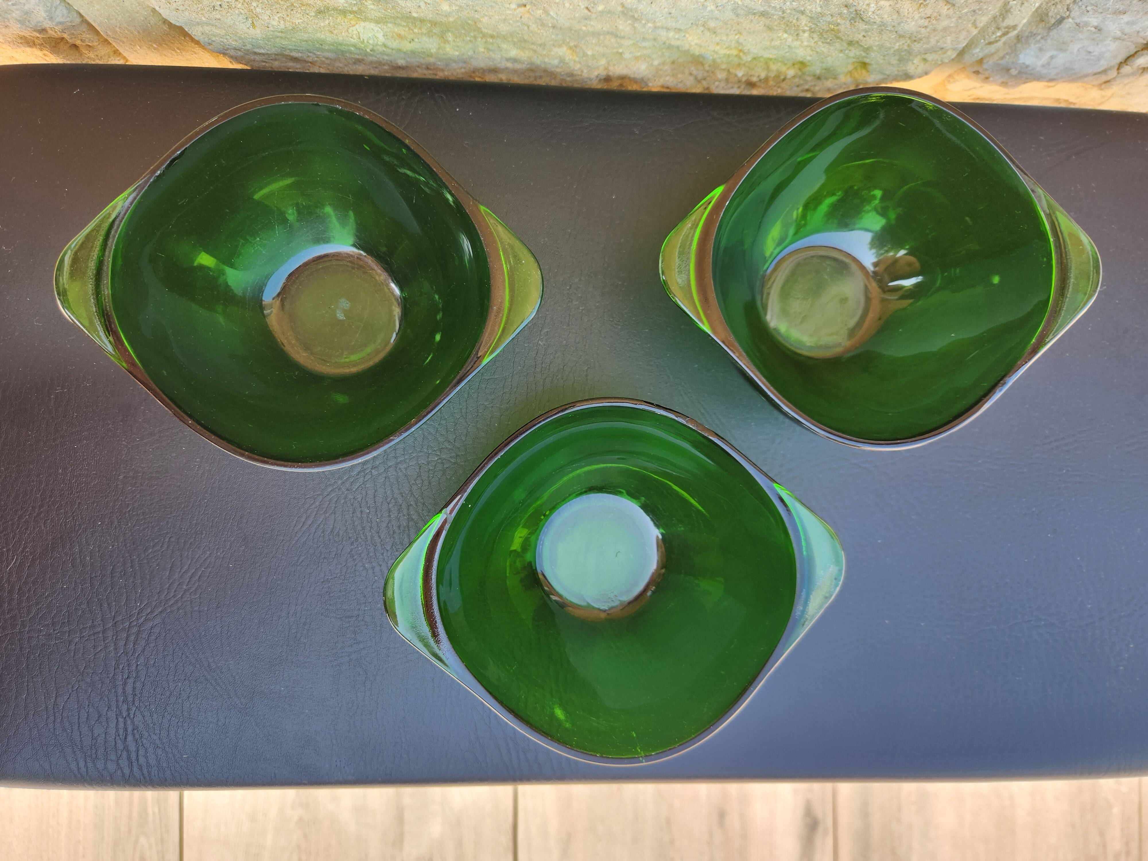 Set of 3 vintage green eared bowls