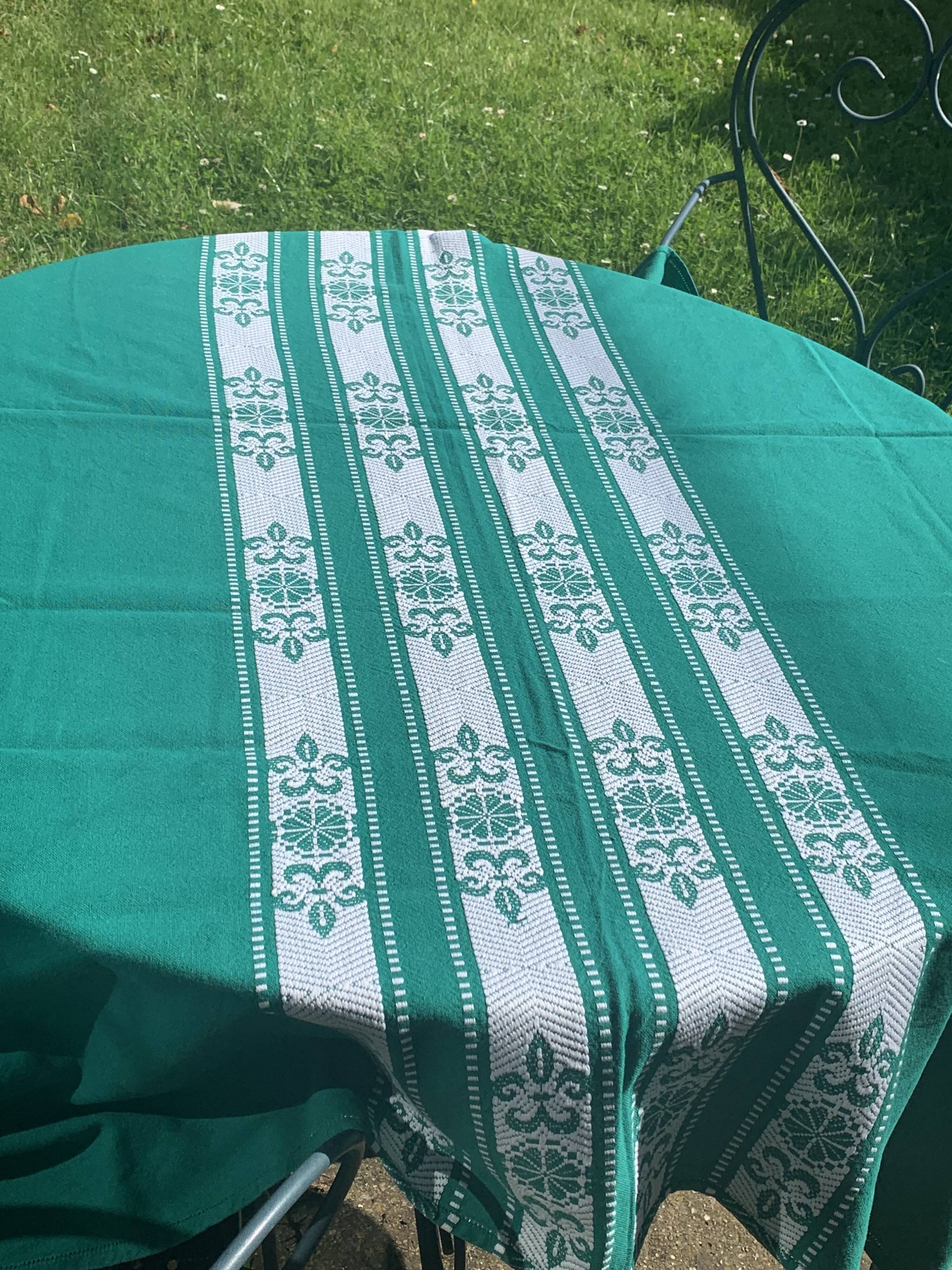 Helena Biarritz tablecloth, made in France, Basque linen, green with white embroidery, Vintage