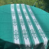 Helena Biarritz tablecloth, made in France, Basque linen, green with white embroidery, Vintage