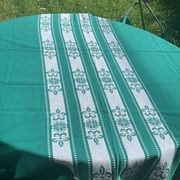 Helena Biarritz tablecloth, made in France, Basque linen, green with white embroidery, Vintage