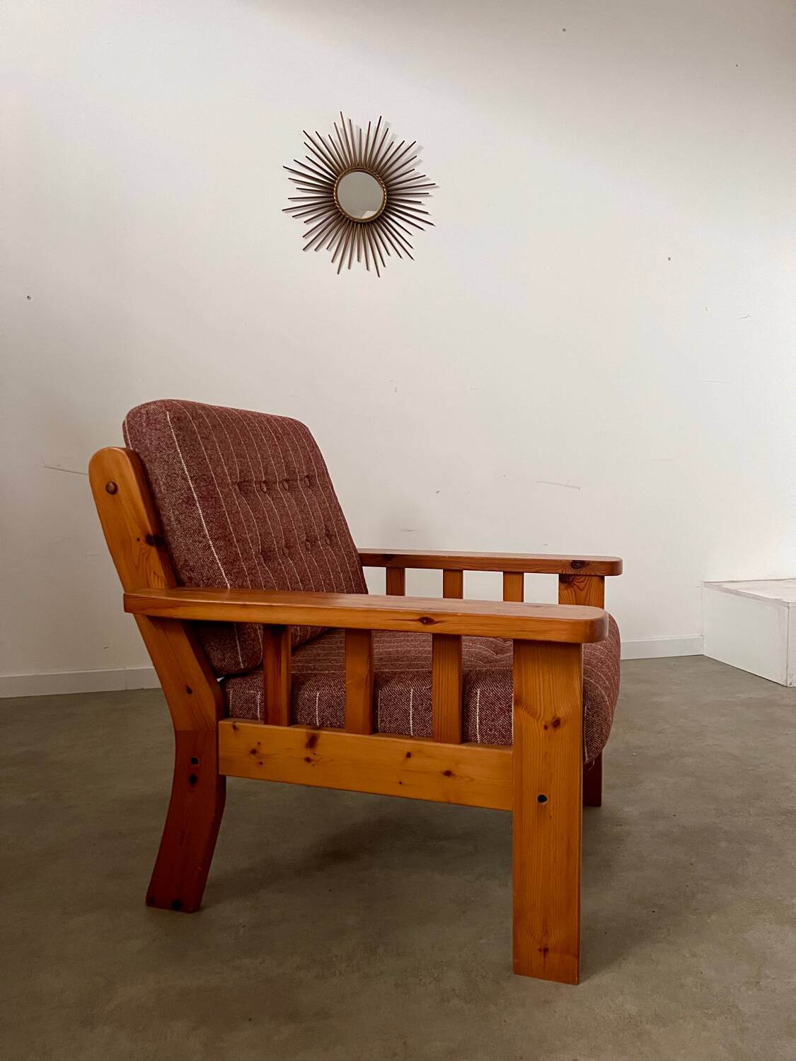 Old vintage Scandinavian design pine armchair from the 70s
