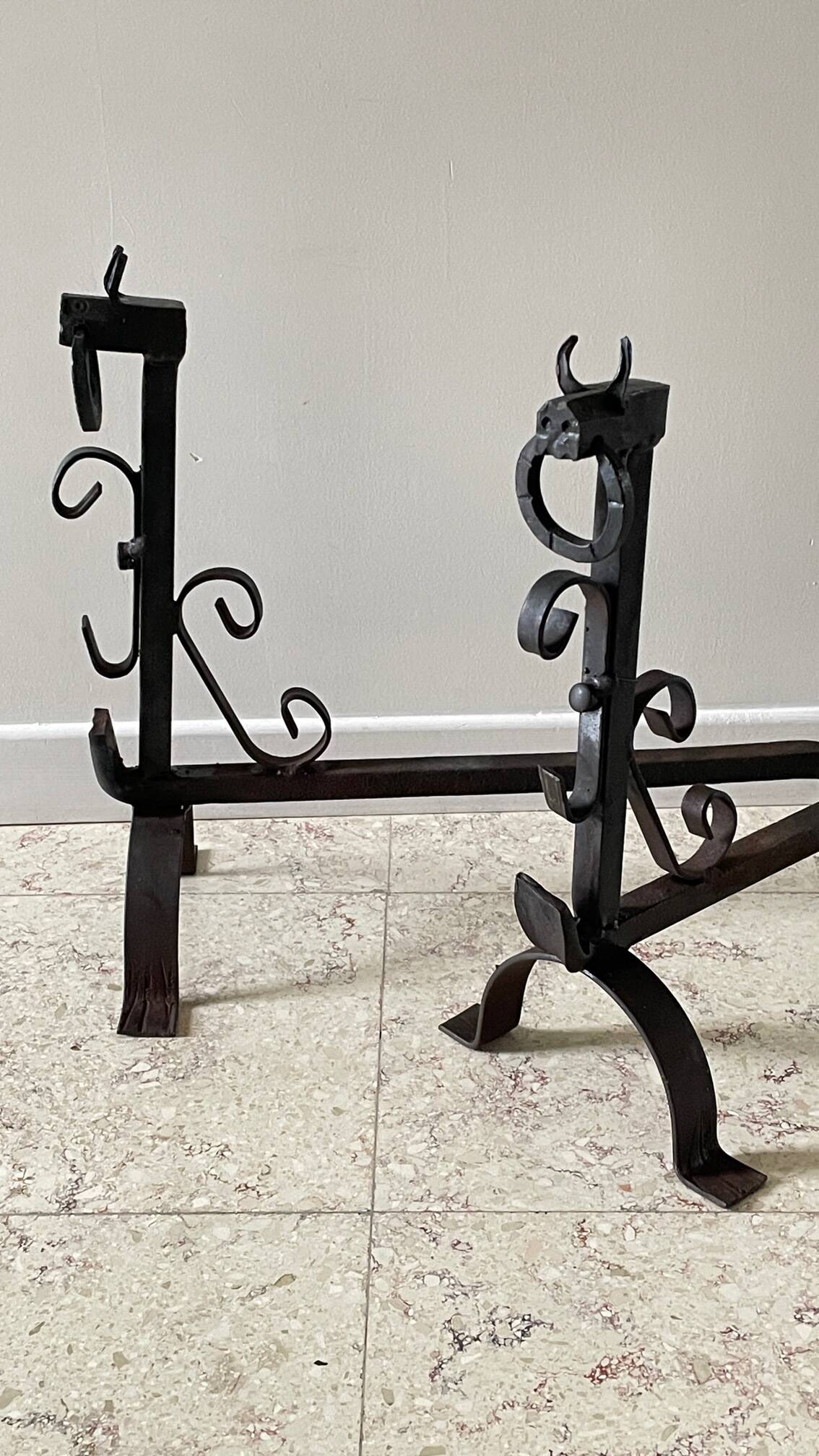Pair of vintage steel brutalist andirons