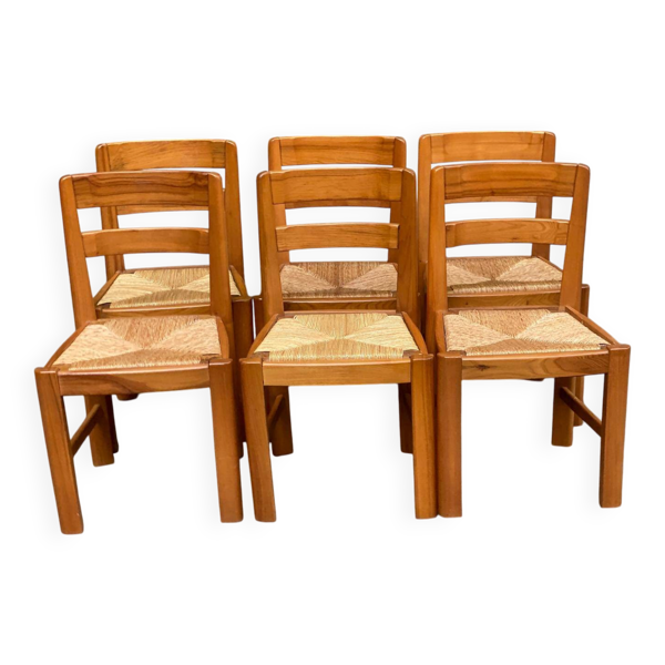 6 chaises brutalistes Maison Regain orme massif paillées années 80