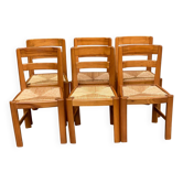 6 brutalist chairs Maison Regain solid elm with rush seats from the 1980s