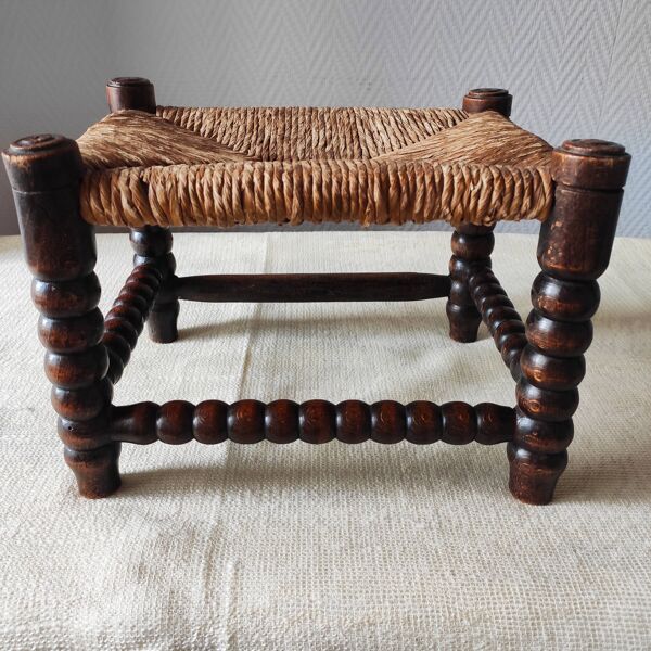 Repose-pieds ancien en bois tourné bobine et paille
