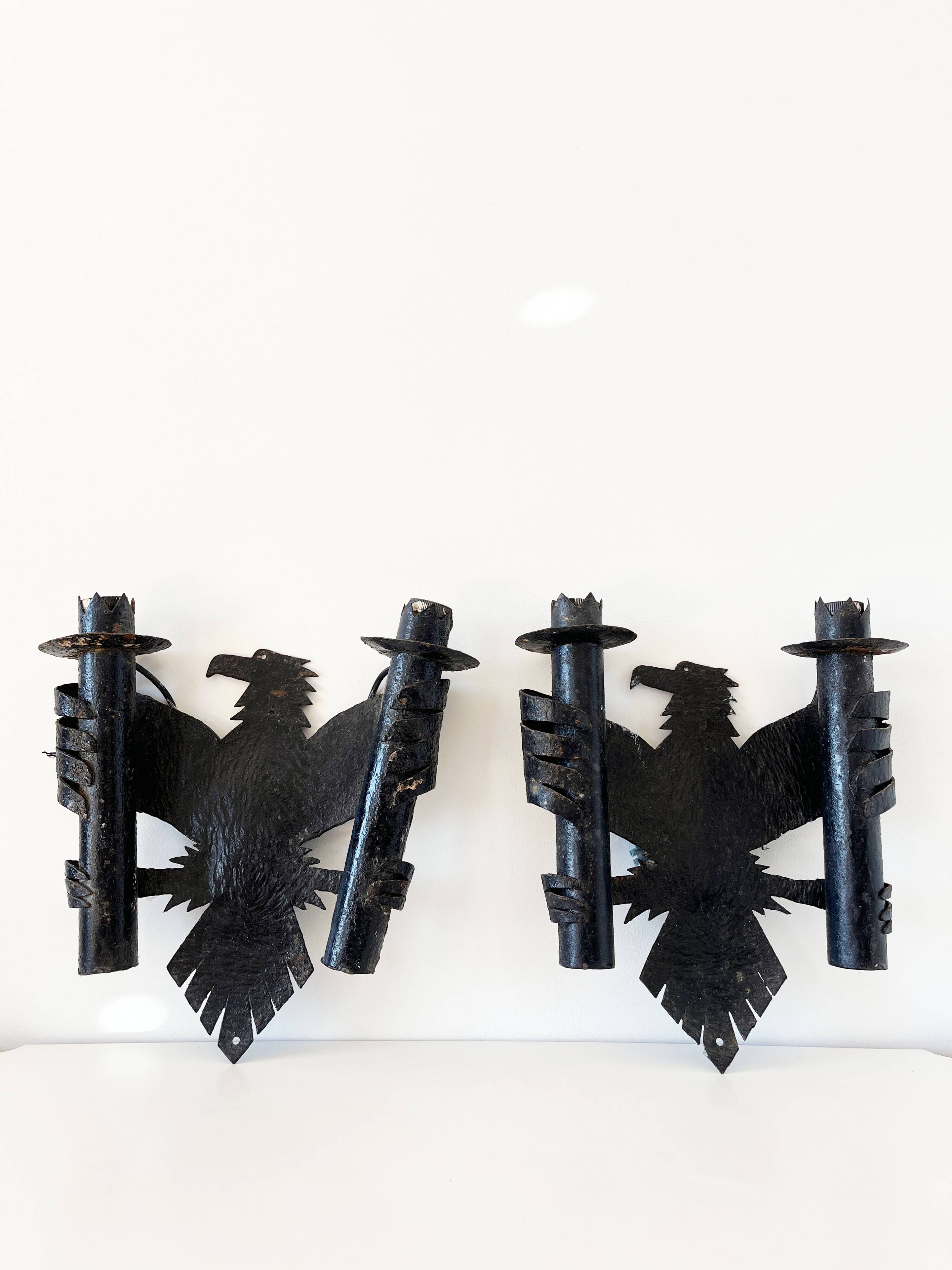 Pair of Brutalist Wrought Iron Eagle Wall Sconces