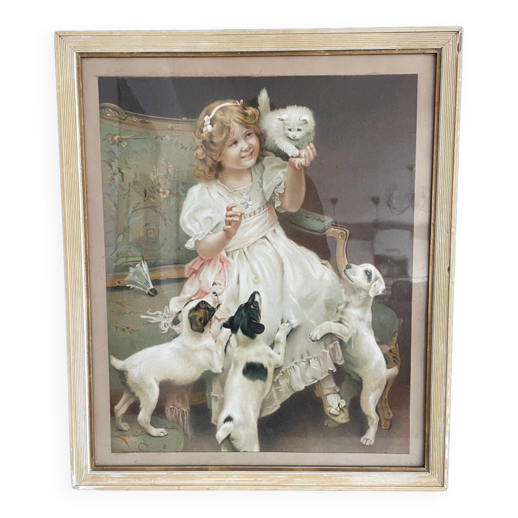 Illustration Encadrée Vintage – Petite Fille, Chien, Tricot – Charles Twelvetrees