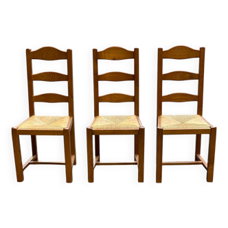 3 chaises bois massif paillées type ferme dossier haut