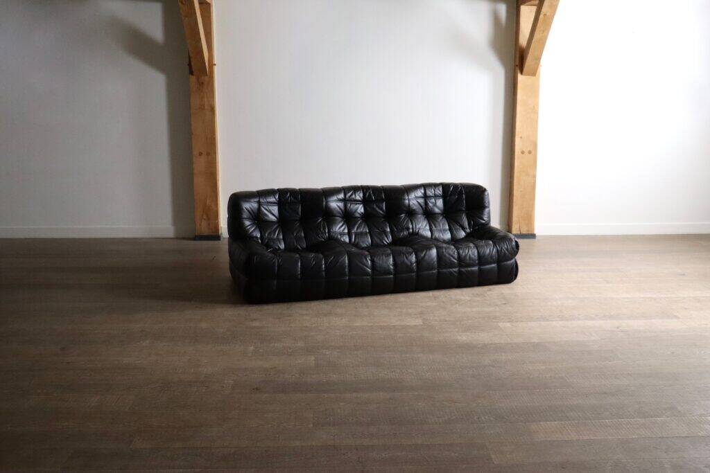 Kashima three seater sofa in black leather by Michel Ducaroy for Ligne Roset, 1970s