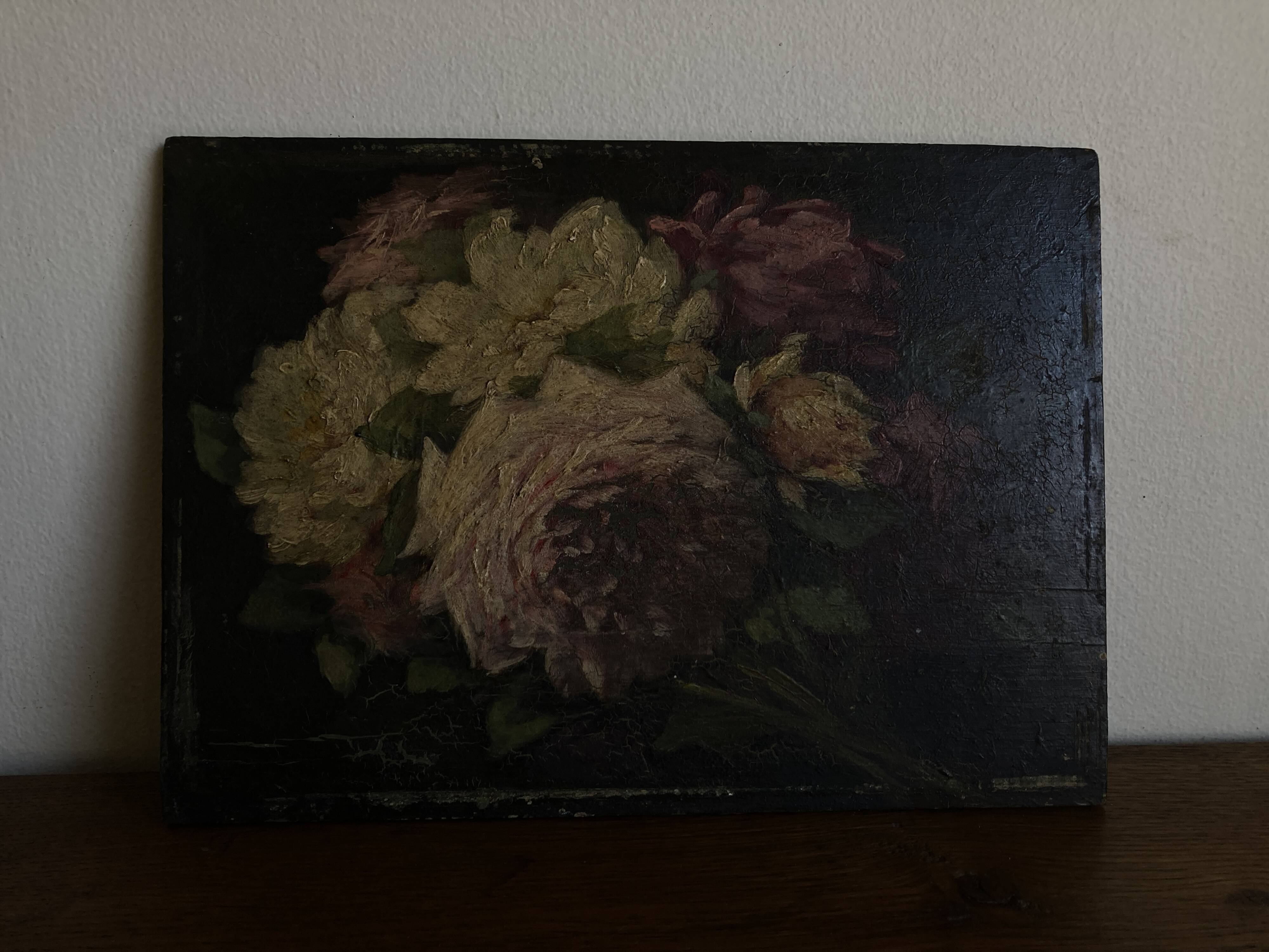 Painting of 19 roses from the garden, oil on wood.