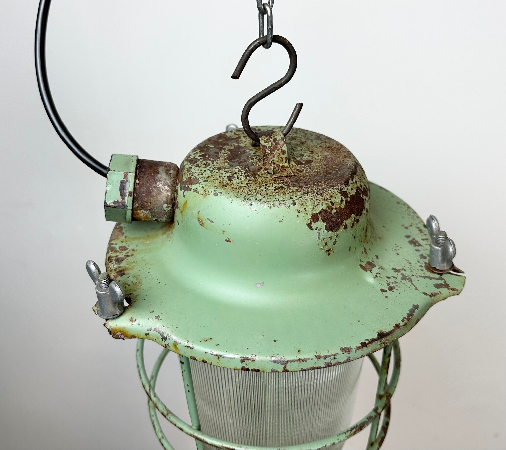 Green Industrial Soviet Bunker Pendant Light with Iron Grid, 1960s