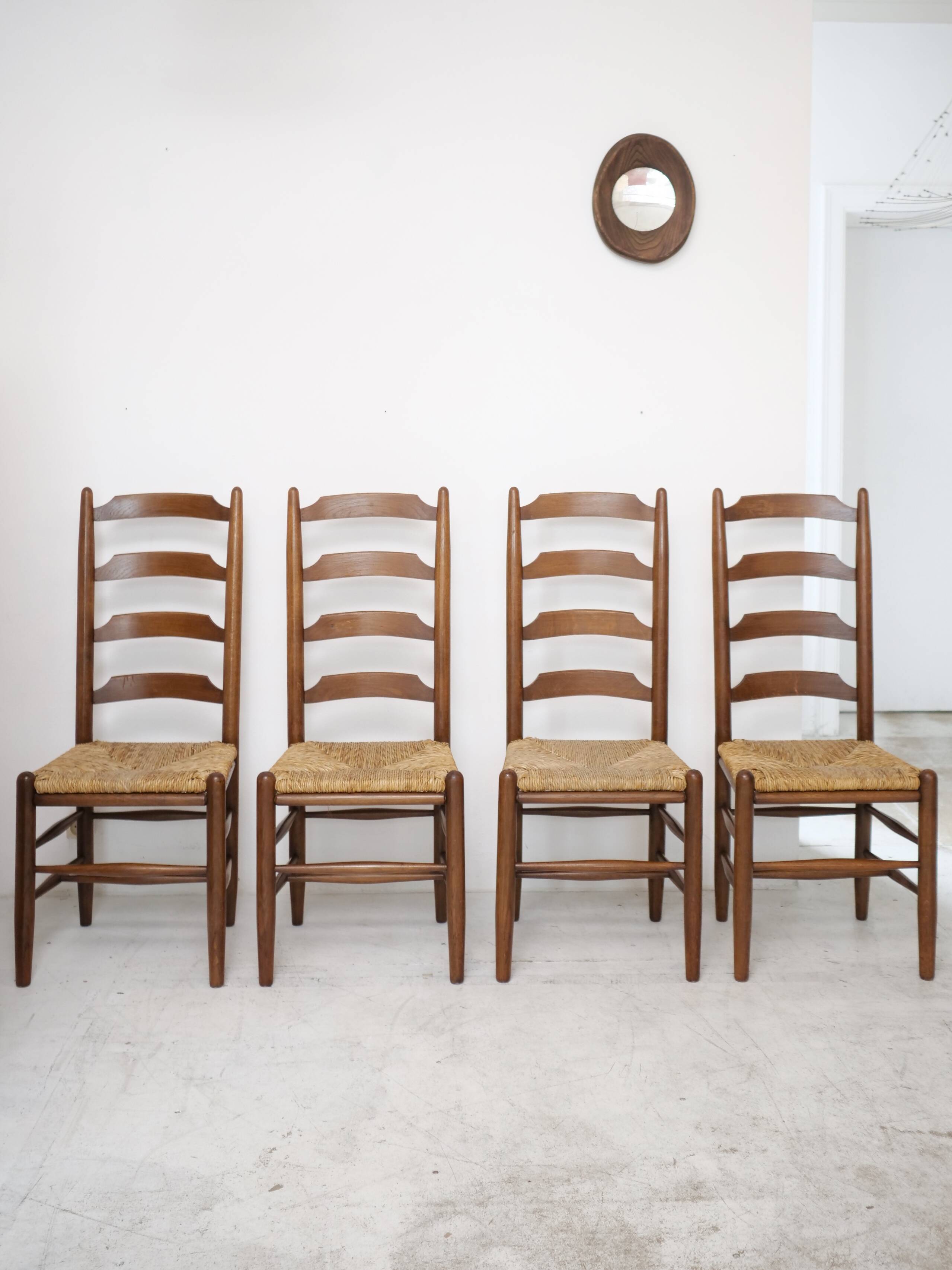 Architectural high-back chairs, straw seat, set of 4.