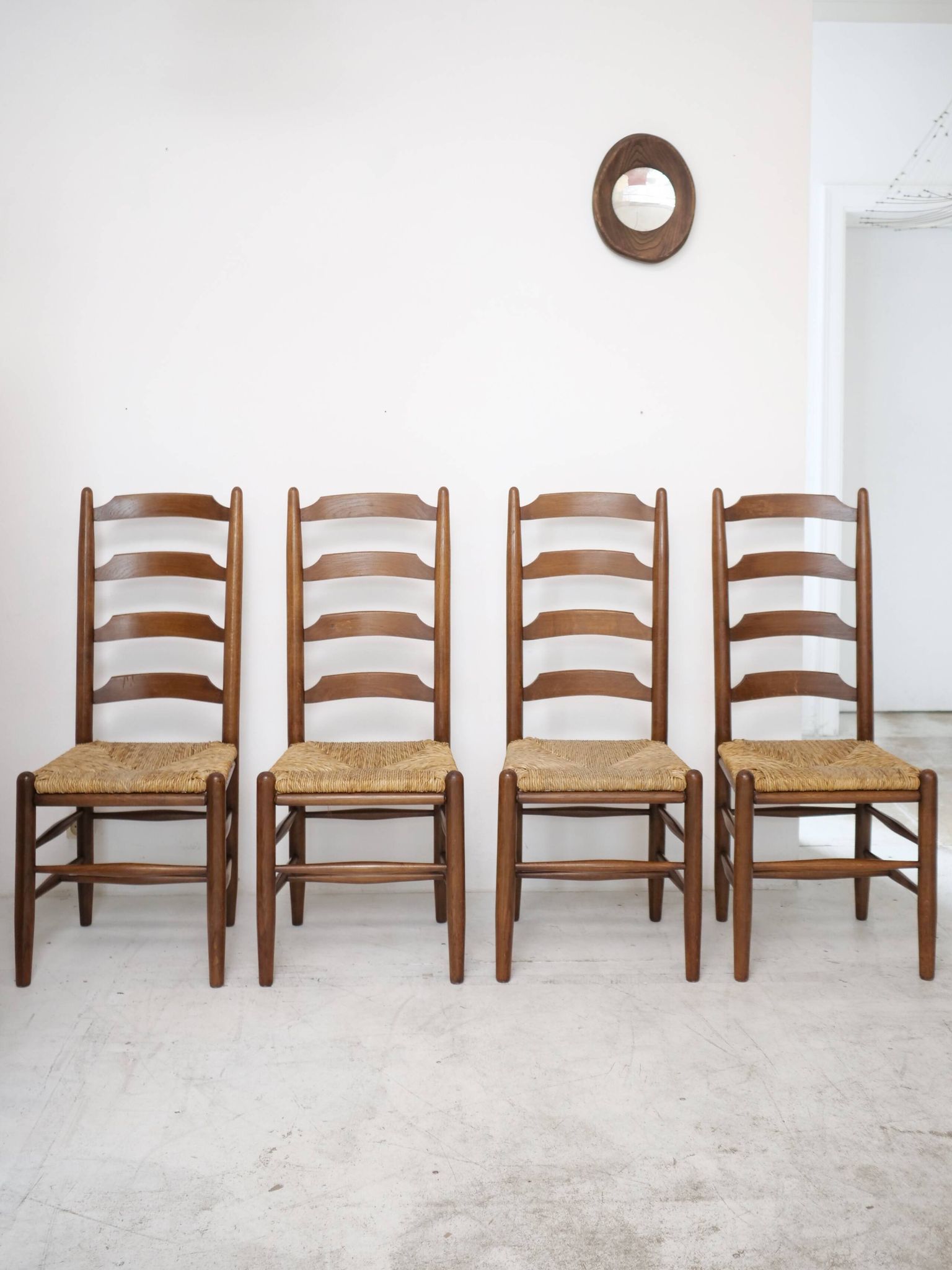 Architectural high-back chairs, straw seat, set of 4.