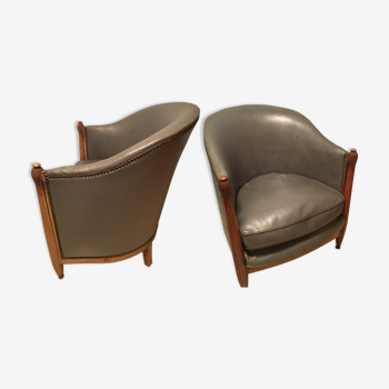 Pair of armchairs in wood and leather (or imitation) gray