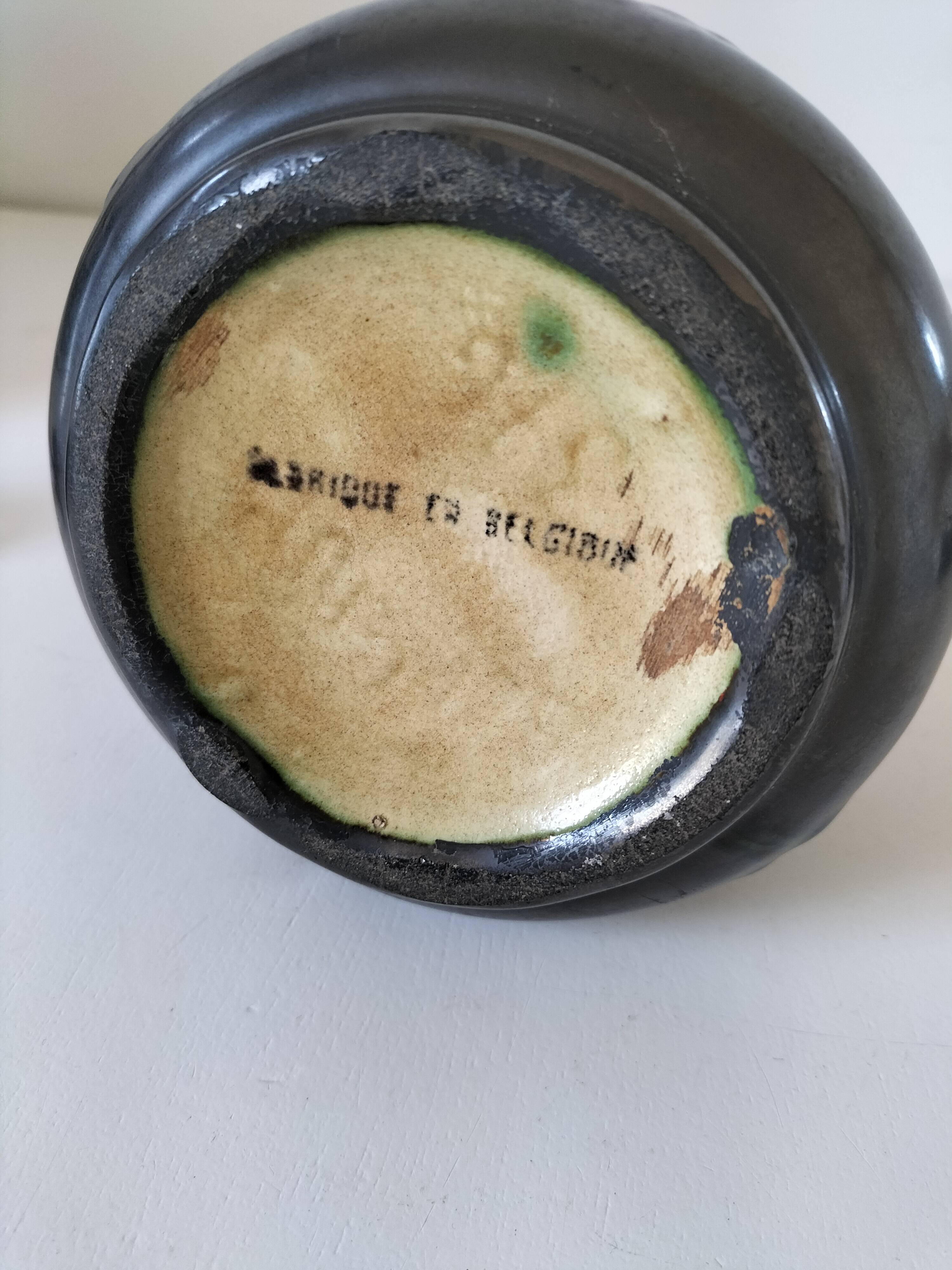 Thulin vase Belgium flamed green black enamel