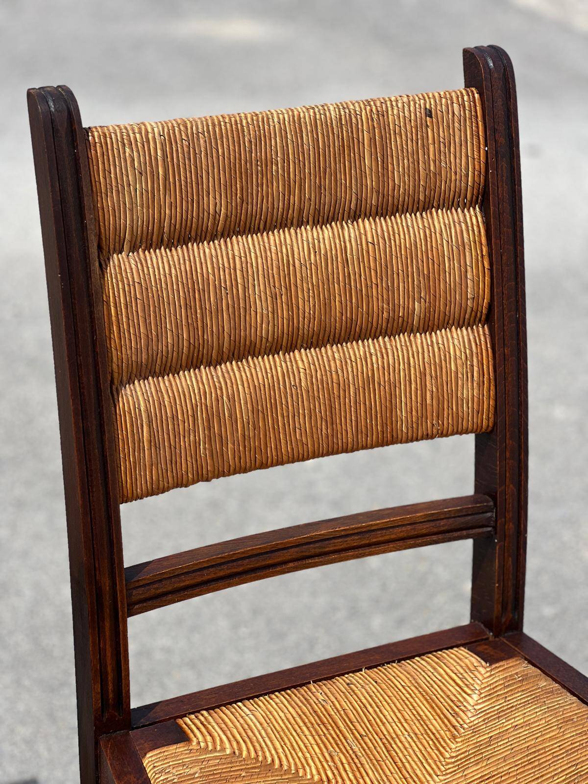 Bench and 2 chairs in solid oak and straw, French craftsmanship from 1940.