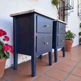 Tables de chevet MCM vintage – Bleu foncé, tiroirs et poignées laiton