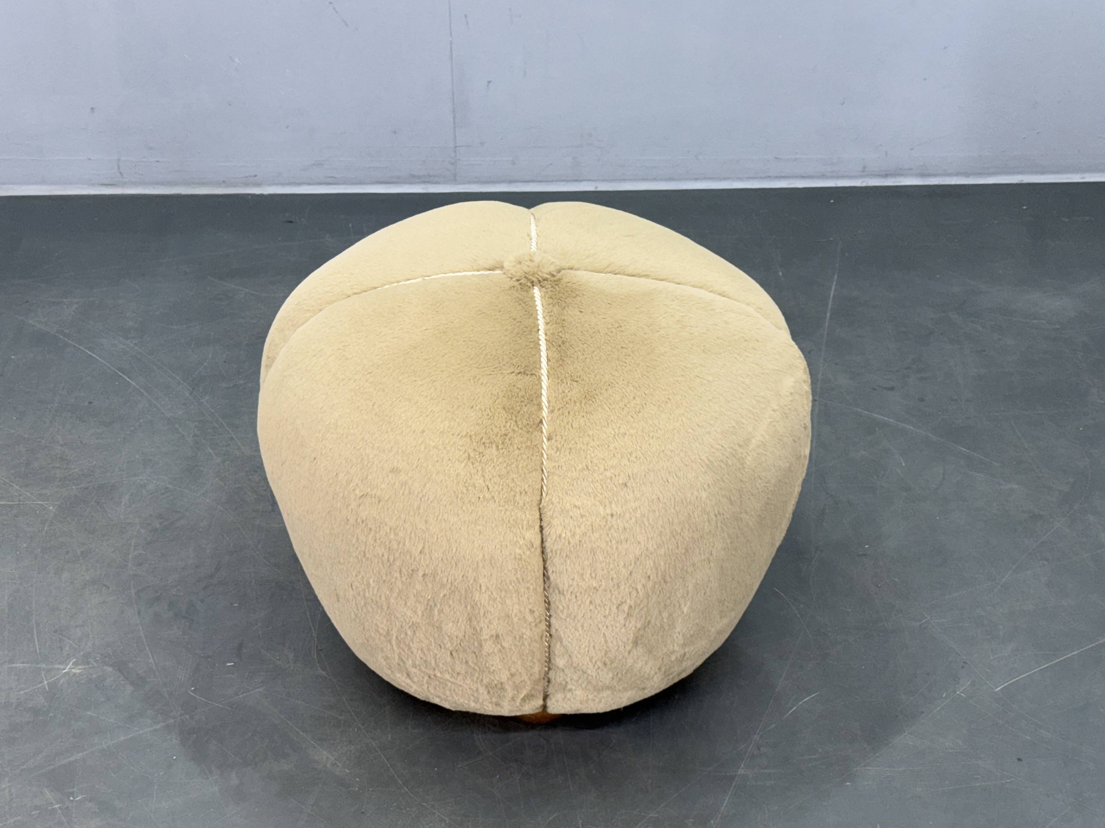 1940s Czech Art Deco Round Stool with Faux Rabbit Upholstery