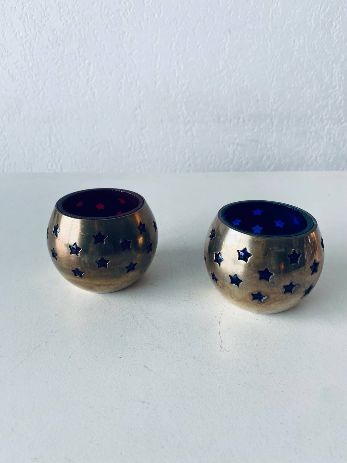 Pair of brass and glass tealight holders