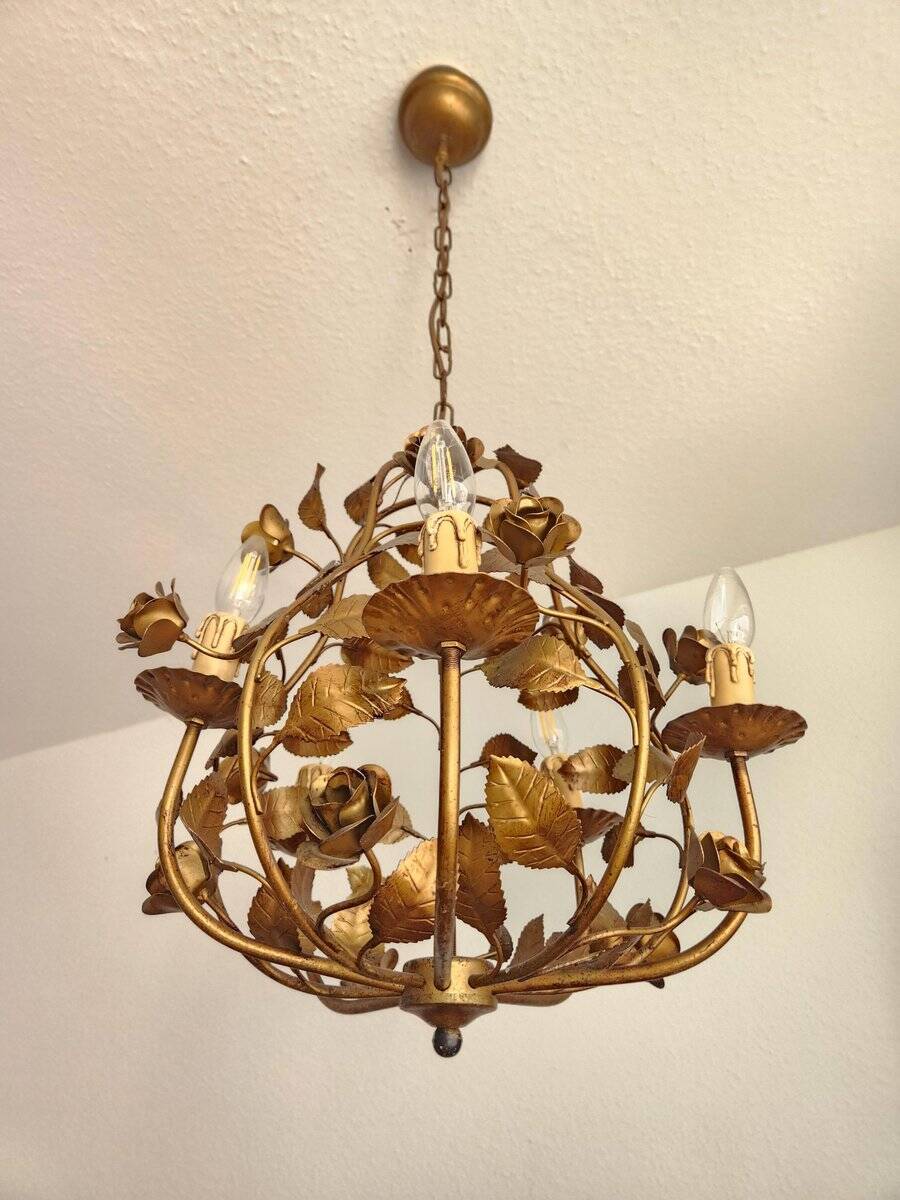 Hollywood Regency 4-light floral chandelier gilt with roses Italy 1960-1970