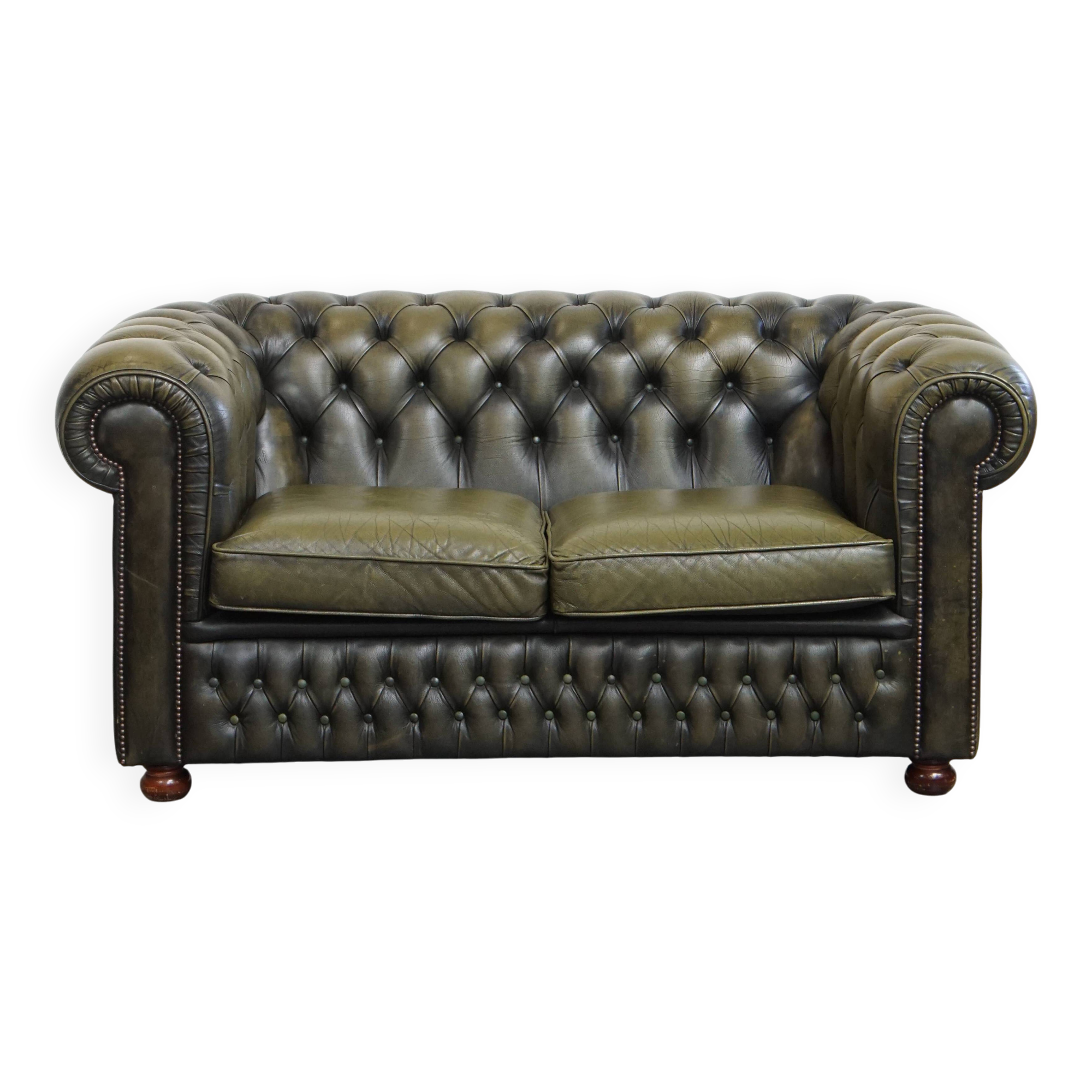 Green Vintage English Cowhide Leather Chesterfield 2-Seater Sofa