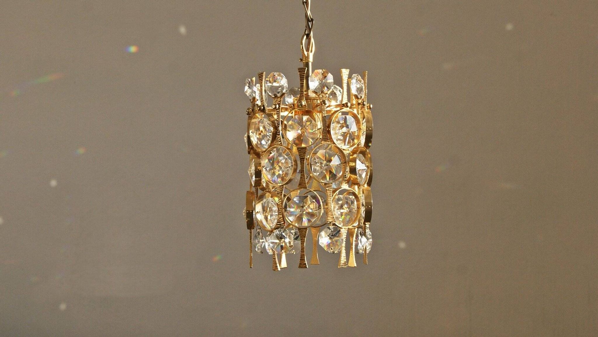 Hollywood Regency Brass & Crystal Glass Ceiling Lamp by Christoph Palme for Palwa
