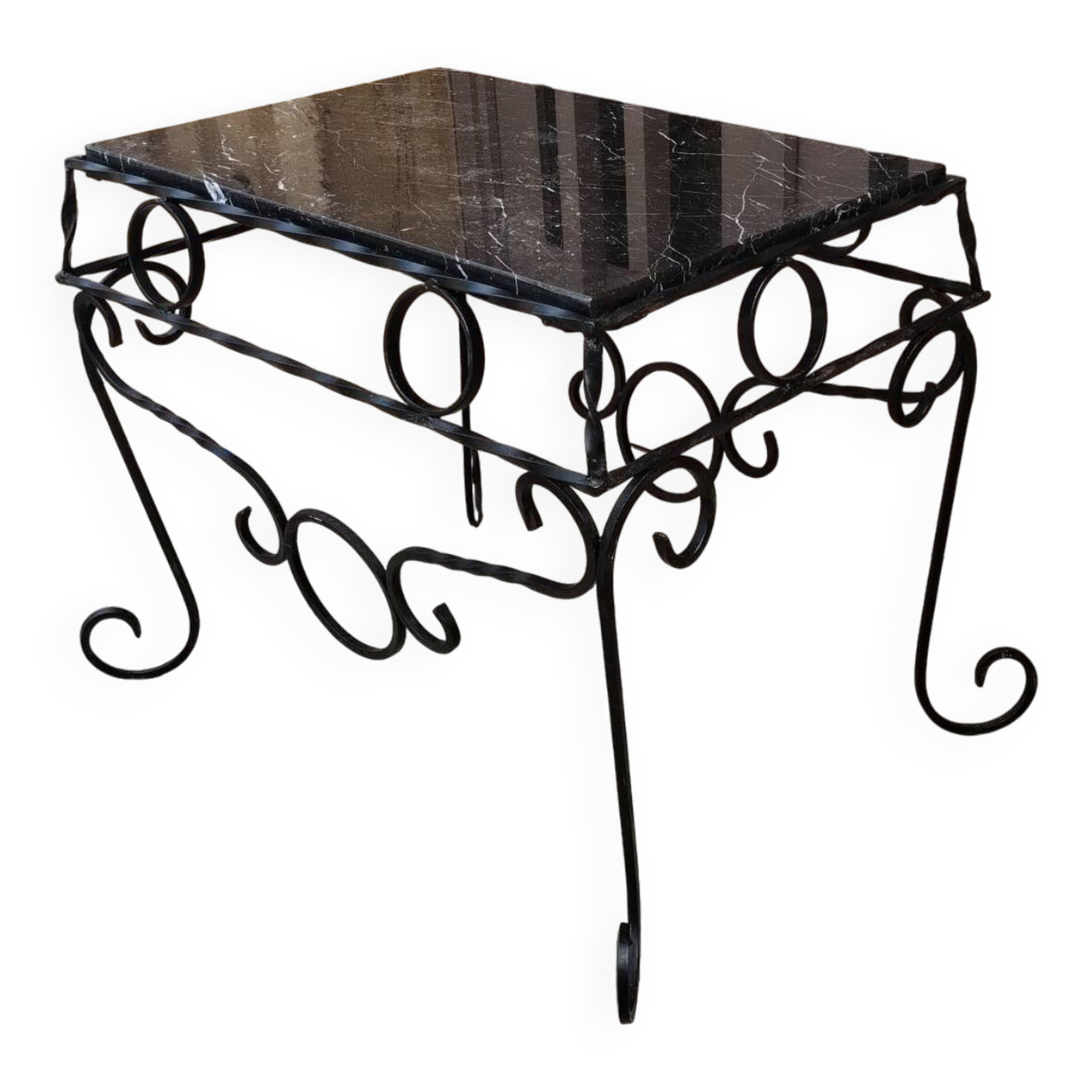 Wrought iron coffee table with black marble top