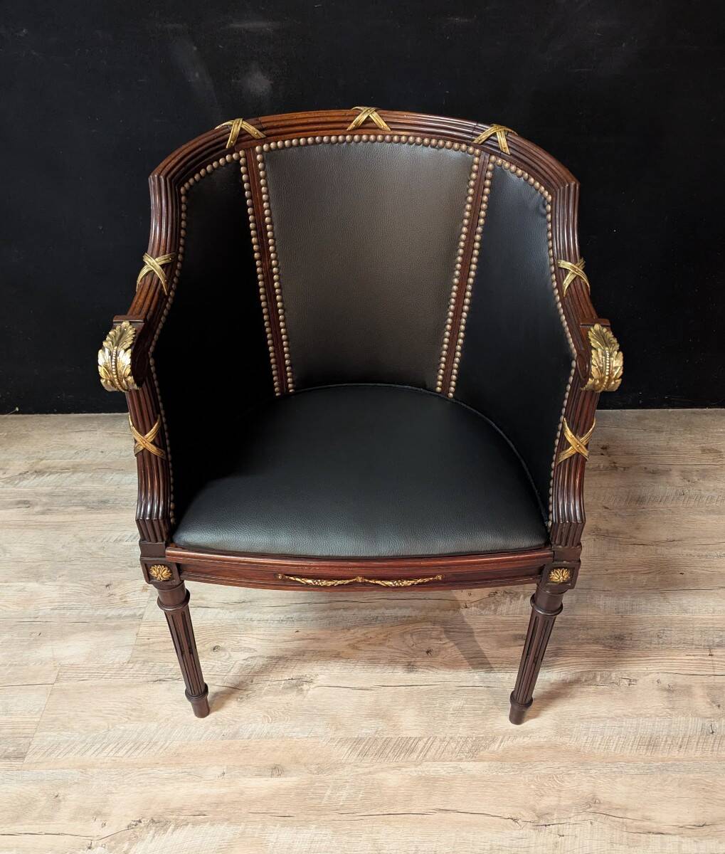 Louis XVI style office chair in mahogany and gilded bronze