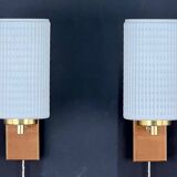 Pair of Scandinavian Wall Lights - Opaline Brass Wood - 50's 60's