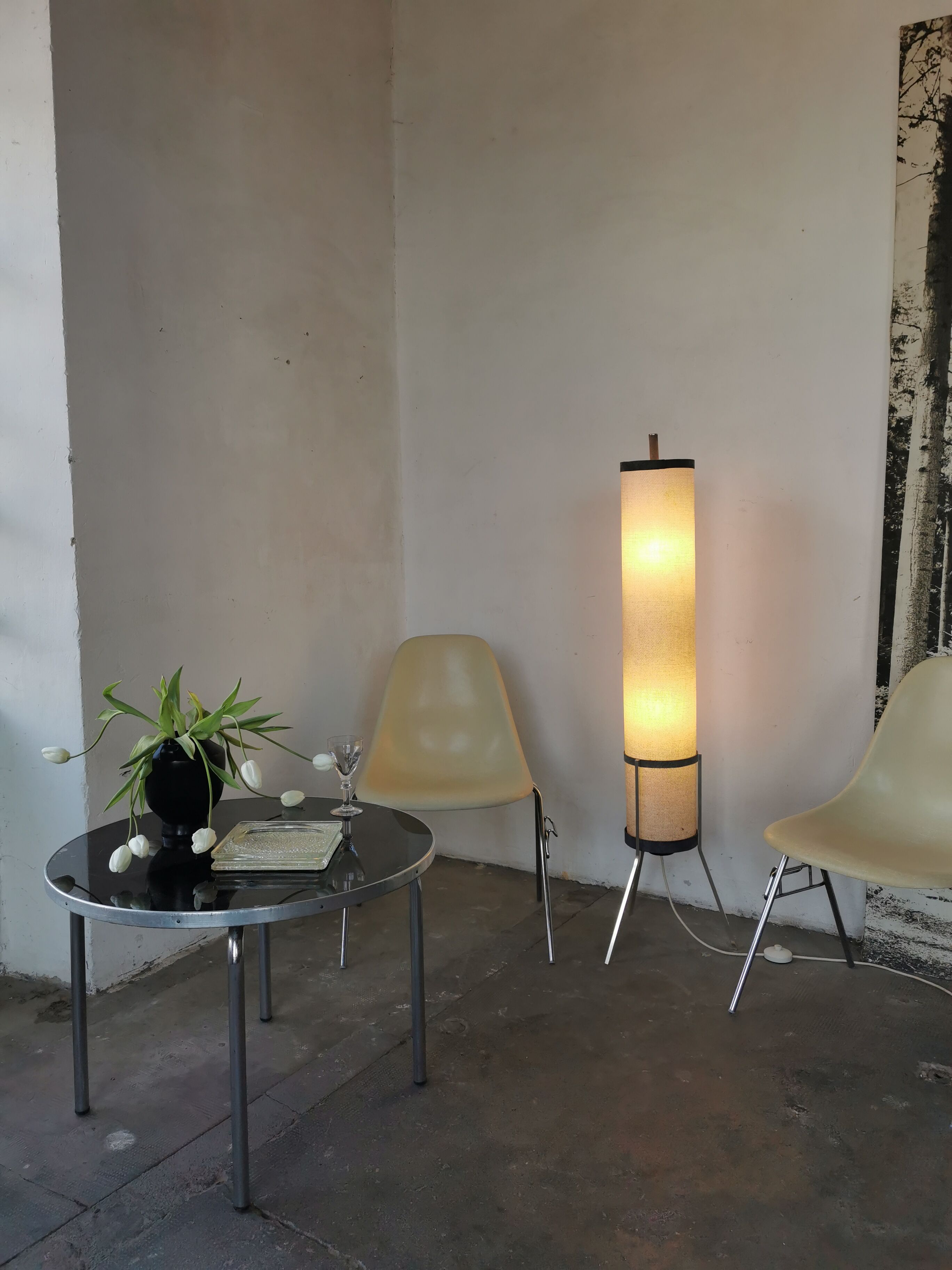 Floor lamp seventies totem, chrome and suede