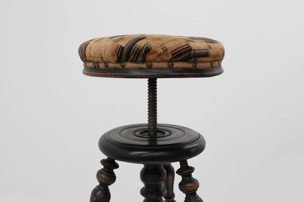 Tabouret de piano réglable Art Déco avec revêtement d'origine, France années 1920