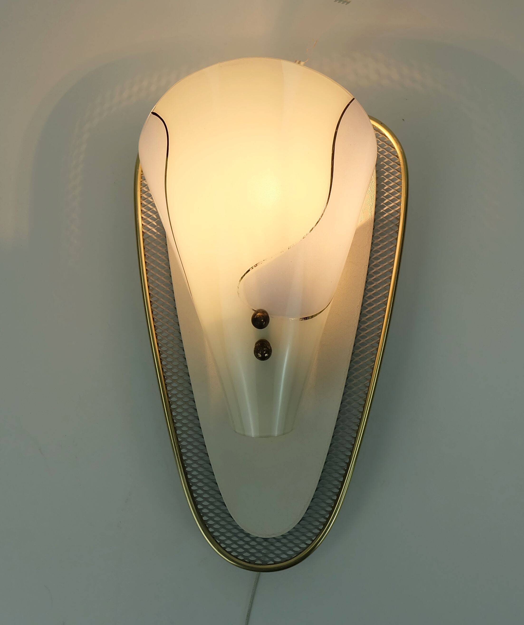 1950s sconce metal mesh and brass with glass shade