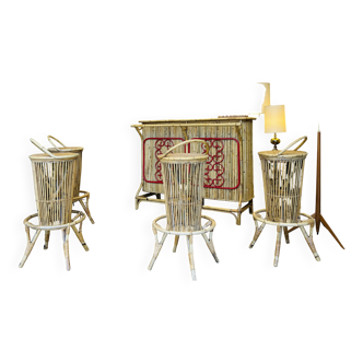 Bar and 4 bamboo bar stools