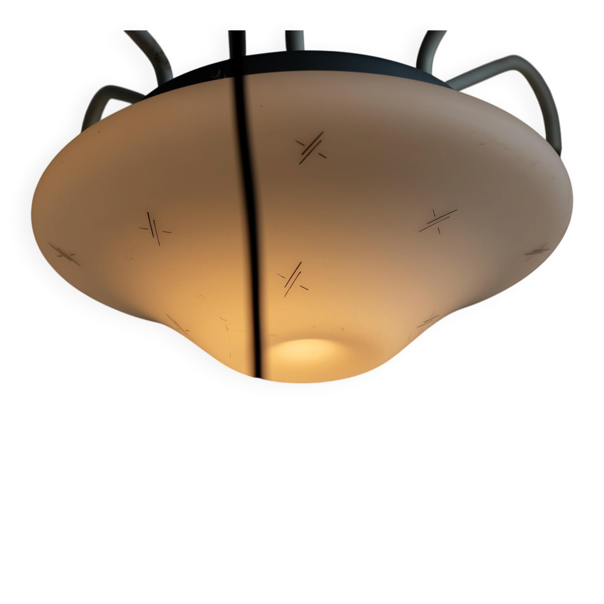 Italian brass enamelled grey chandelier with frosted glass pendants, circa 1960.