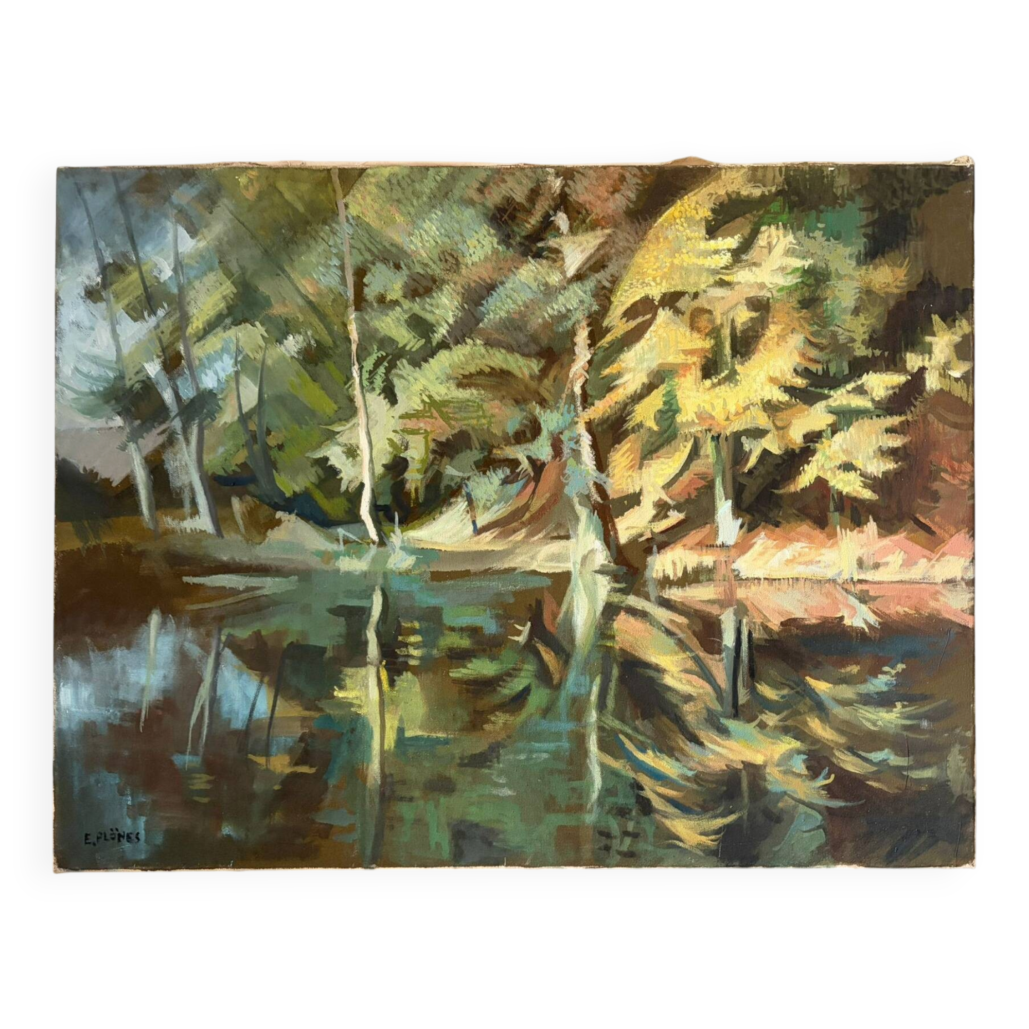 Reflets d’arbres sur l’eau, huile sur toile signée