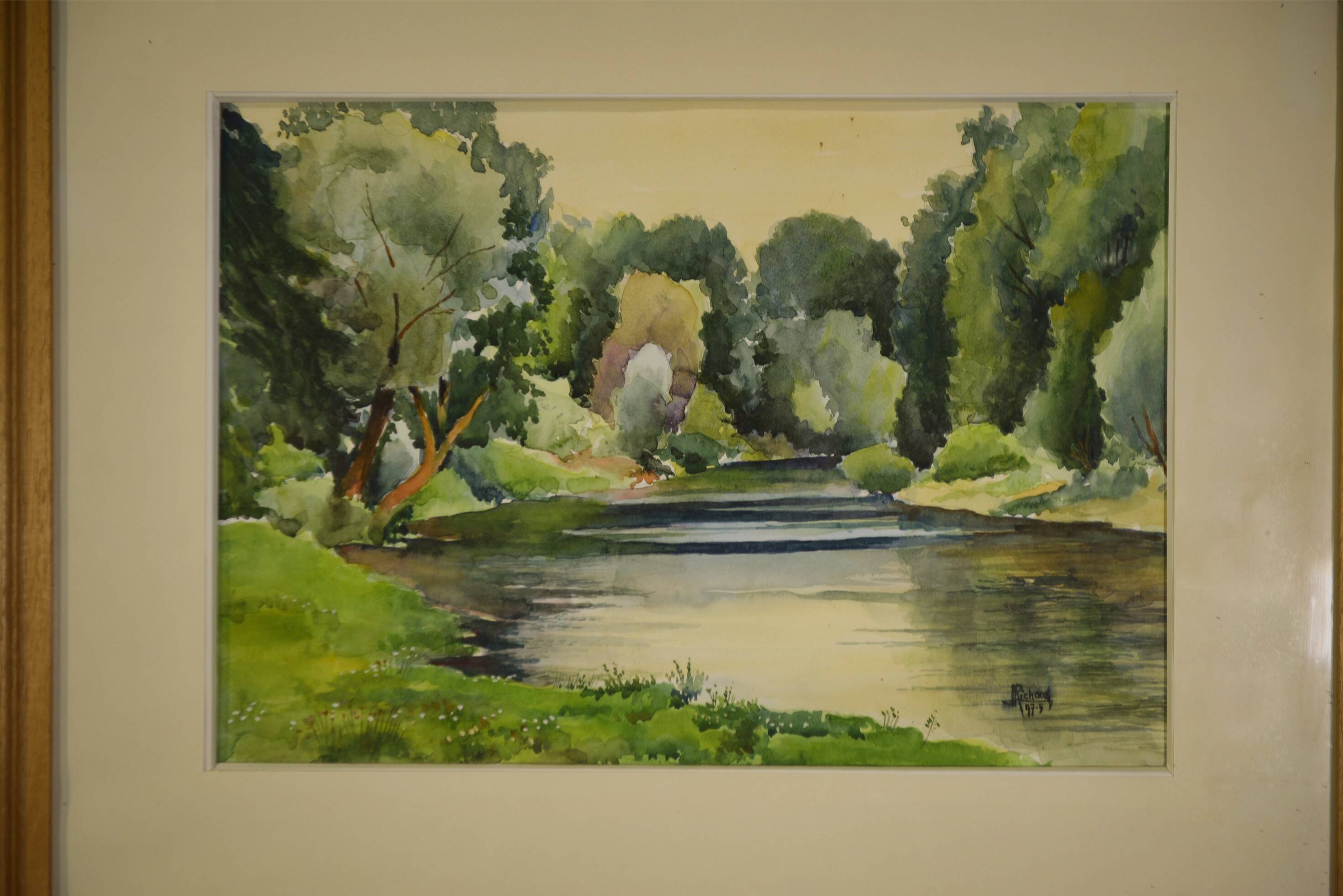 Watercolour riverbank by J. Richard 1975