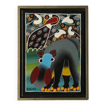 Saidi Nakoko, Peinture de l’école africaine Tingatinga, huile sur toile, années 1970, encadrée