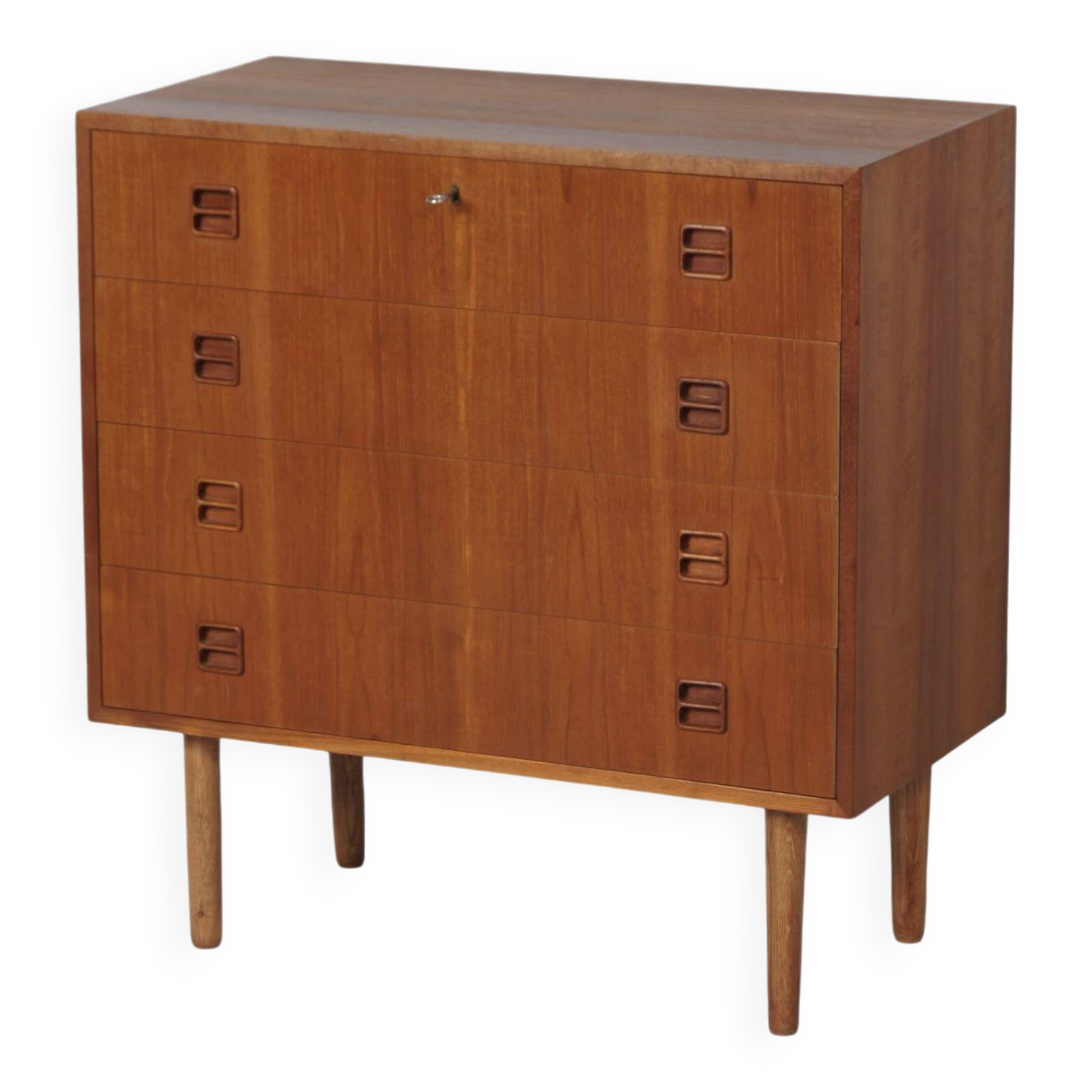 Danish teak chest of drawers, 1960s – 4 drawers, key and recessed handles