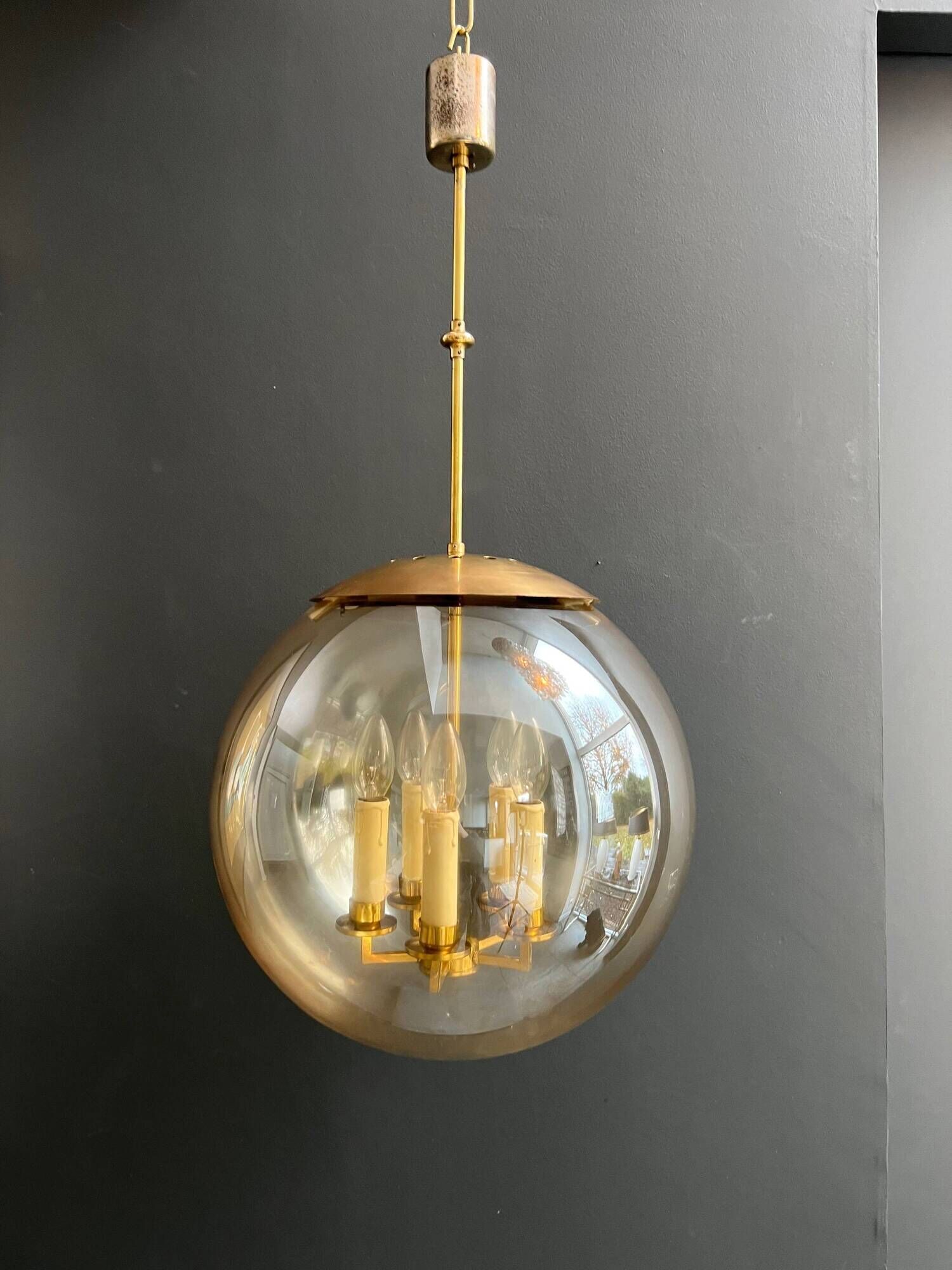 Smoked Glass and Brass Four-Light Suspension Pendant. French Work.