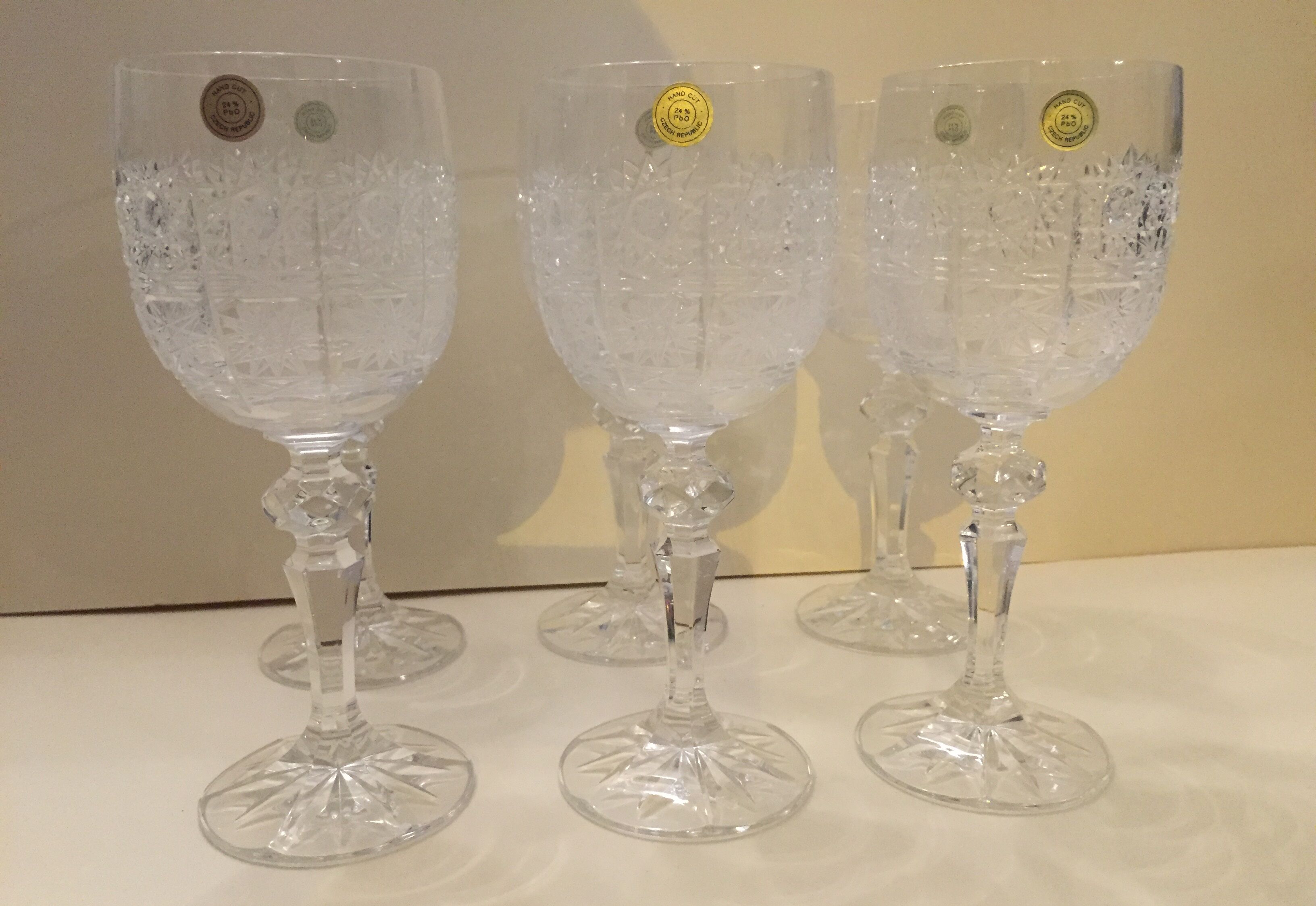 Set of six bohemian crystal wine glasses